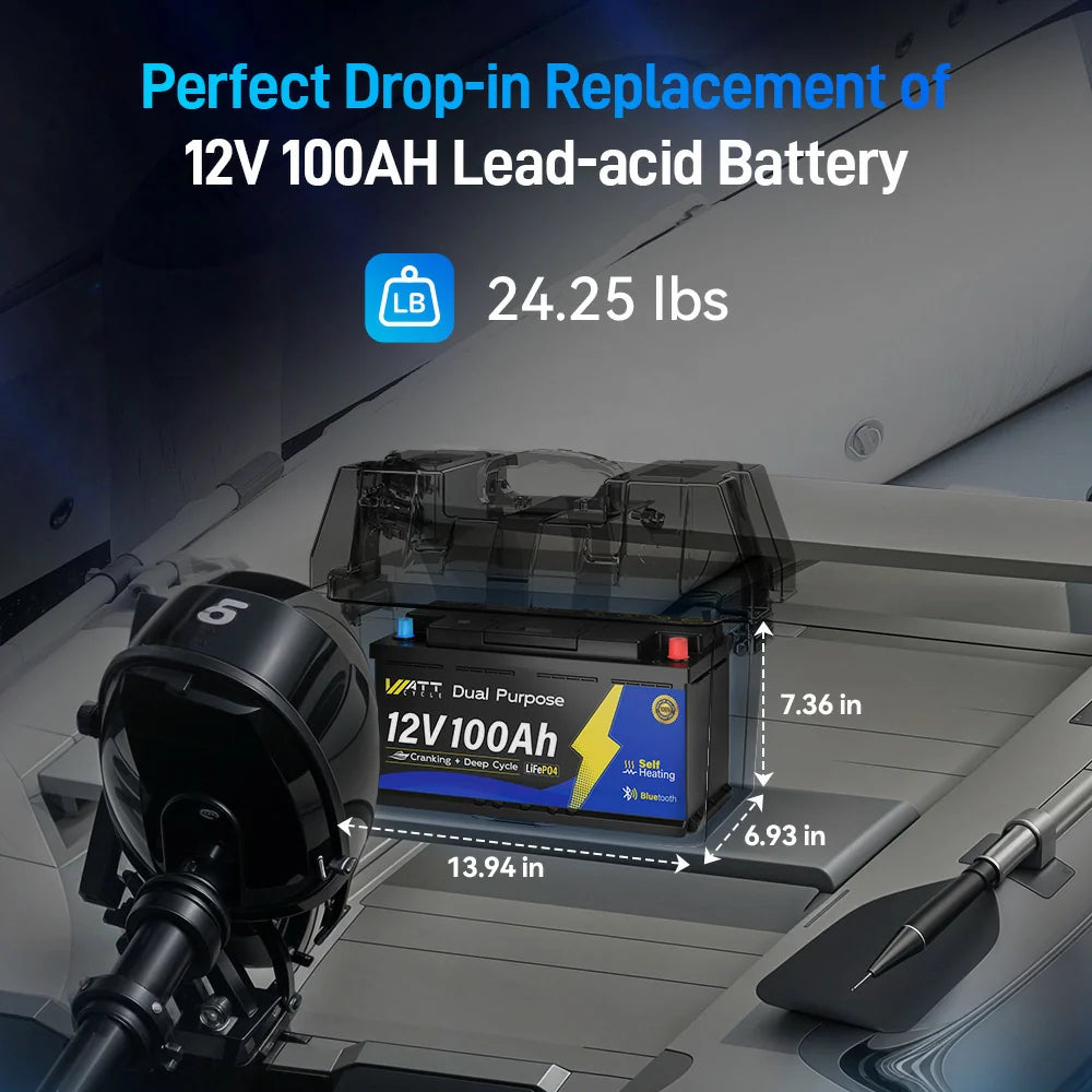 WattCycle AU - 12V 100Ah 1200CCA Marine Cranking Battery with Bluetooth