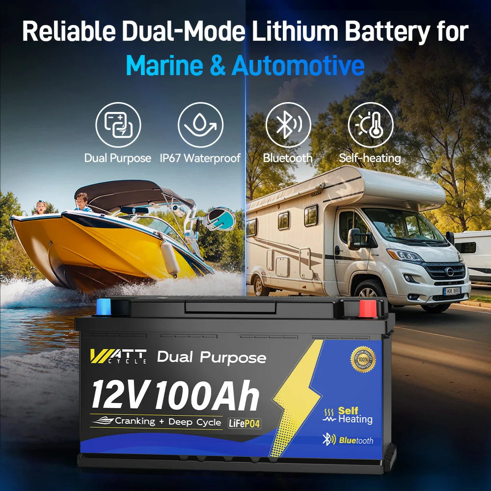 WattCycle AU - 12V 100Ah 1200CCA Marine Cranking Battery with Bluetooth