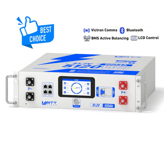 WattCycle V2 48V 100Ah LiFePO₄ Rack Battery – Active Balancing | LCD | Bluetooth | Smart Comms