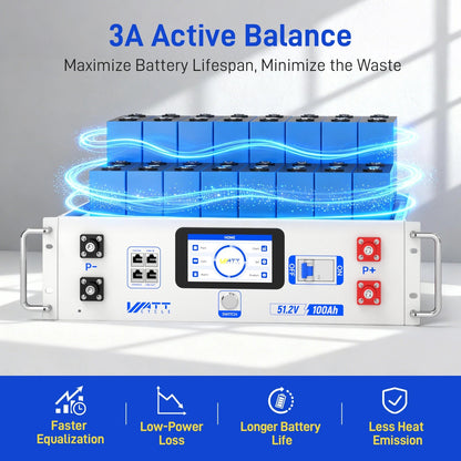 WattCycle V2 48V 100Ah LiFePO₄ Rack Battery – Active Balancing | LCD | Bluetooth | Smart Comms