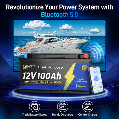 WattCycle AU - 12V 100Ah 1200CCA Marine Cranking Battery with Bluetooth