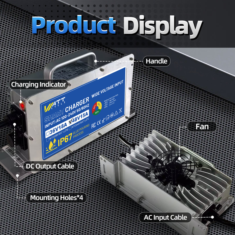 WattCycle 58.4V 15A LiFePO4 Battery Charger – Aluminium Shell for 48V Batteries