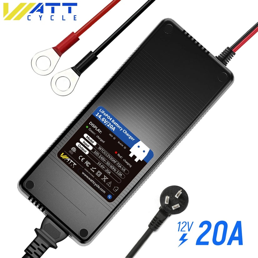 WattCycle 14.6V 20A LiFePO4 Battery Charger – Plastic Shell for 12V Batteries
